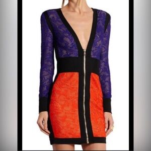 BALMAIN Lace Zip up Long Sleeve Orange+Black Trim Mini Bodycon Dress size XS/S